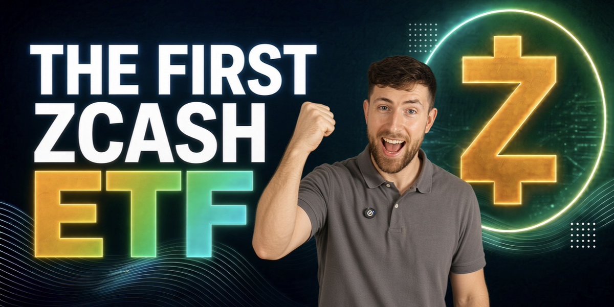 A man enthusiastically raises his fist next to bold text reading "THE FIRST ZCASH ETF" alongside a glowing Zcash (Z) logo, highlighting Zcash's milestone launch of its first ETF under ticker ZCSH on the New York Stock Exchange.