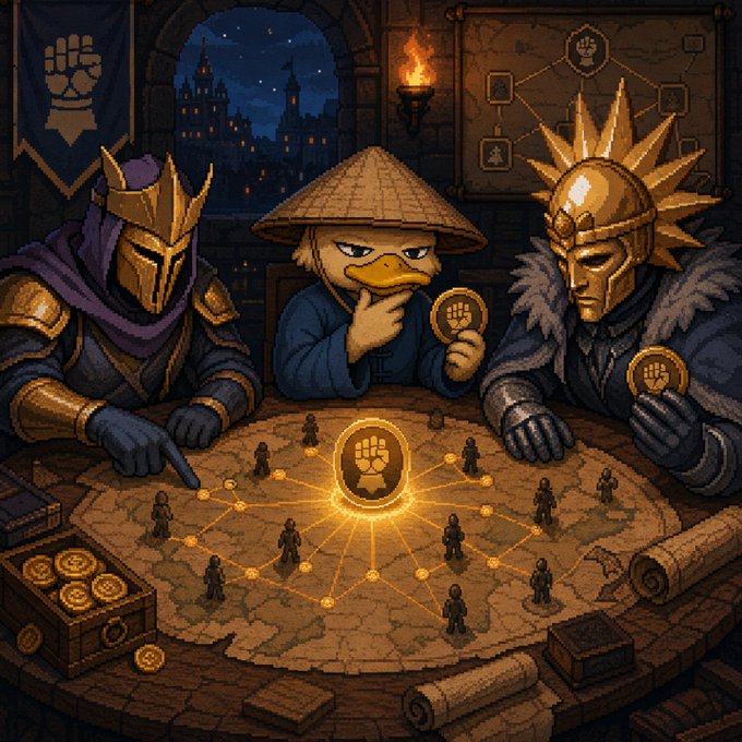 A fantasy illustration depicting three armored figures, including a duck-like character in a straw hat, gathered around a table examining a map with glowing token symbols.