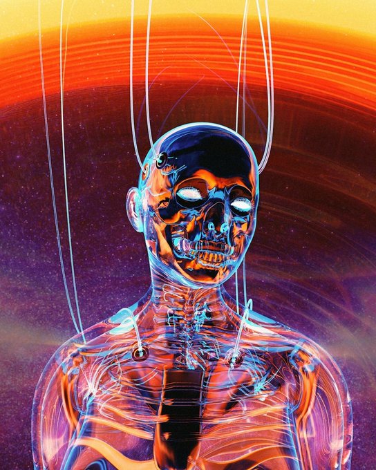 A translucent humanoid figure with glowing white eyes and skeletal features is suspended by thin wires against a vibrant orange and purple cosmic backdrop, evoking a sense of ethereal control and cosmic isolation that aligns with the "Gene Zero" title—a singular 1/1 NFT edition.
