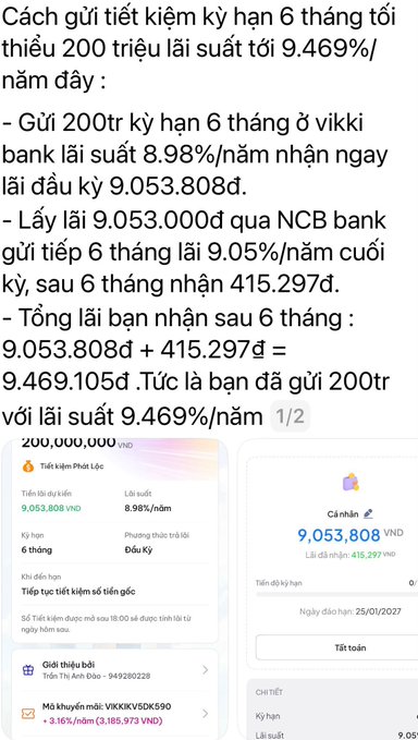 A Vietnamese-language screenshot explaining a 6-month savings strategy achieving a 9.469%/year interest rate using Vikki Bank at 8.98% and NCB Bank at 9.05%, with an expected total of 9,053,808 VND.