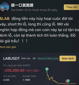 A Vietnamese-language crypto price alert screenshot for LABUSDT showing a devastating -205,390.60 (-4271.56%) P&L, with a chart displaying dramatic price collapse, captioned with a top trader's lament about a coin destroying their portfolio.