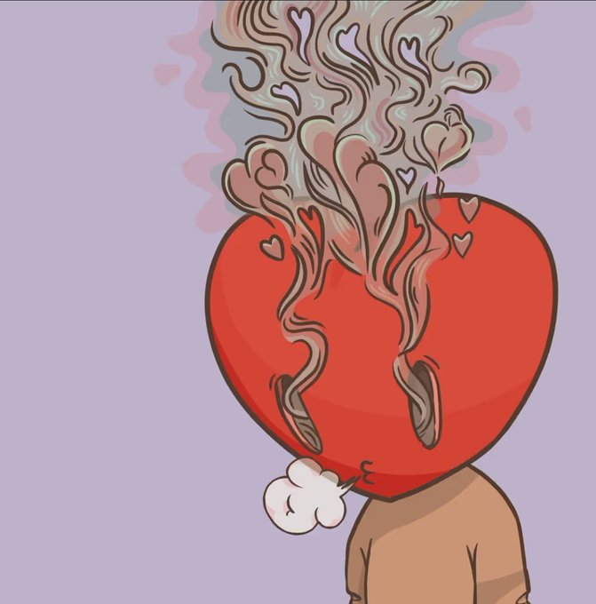 An illustration of a red heart with flame-like hair and small hearts on a light purple background.