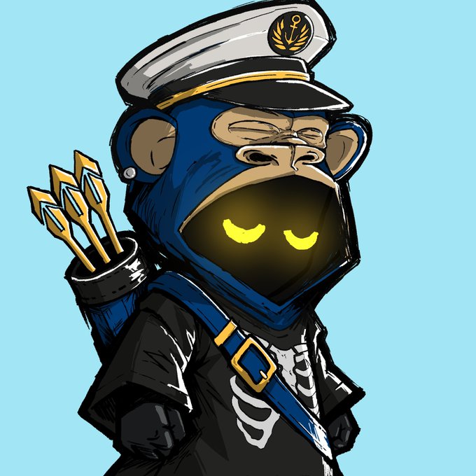 A cartoon blue monkey character dressed as a commander with a white captain's hat, dark uniform, and a quiver of golden arrows, featuring glowing yellow eyes against a dark visor—evoking a stealthy, bounty-hunter aesthetic that aligns with the announcement of securing whitelist spots for the Hooja NFT project.