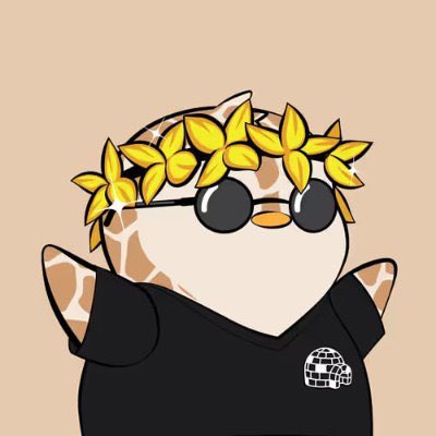 A cartoon penguin wearing a black hoodie and sunglasses with a crown of yellow flowers on its head.
