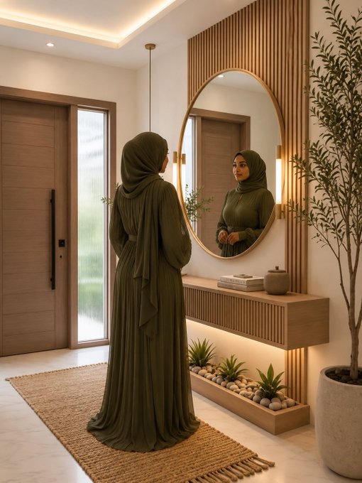 A woman wearing a green hijab and matching flowing dress stands before a round mirror in a modern entryway, with her reflection visible.