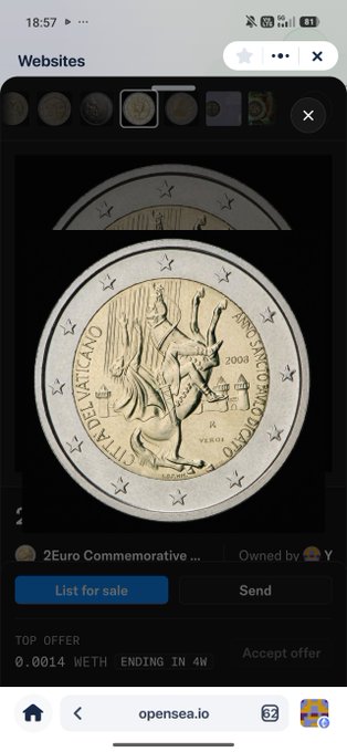 A mobile screenshot of an OpenSea NFT listing for a 2Euro Commemorative coin, showing options to 'List for sale' or 'Send', with a top offer of 0.0014 WETH ending in 4 weeks.