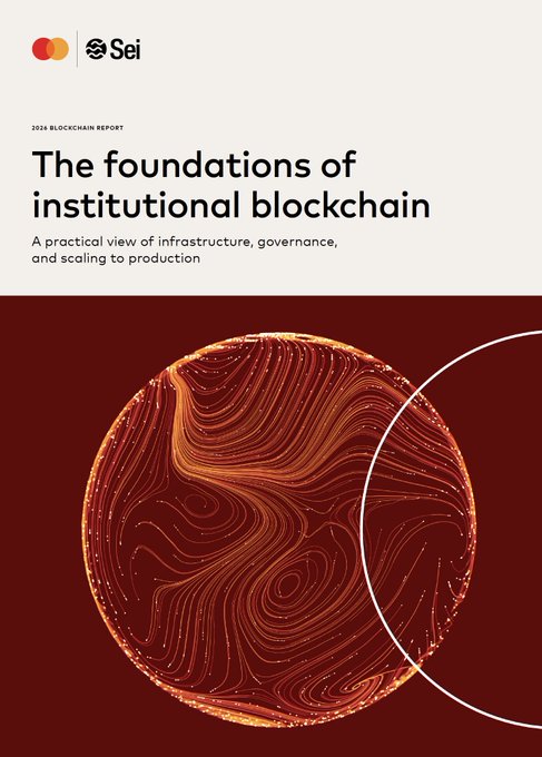A 2024 Blockchain Report cover titled 'The foundations of institutional blockchain' by Sei, featuring Mastercard branding and an abstract swirling maroon sphere design.