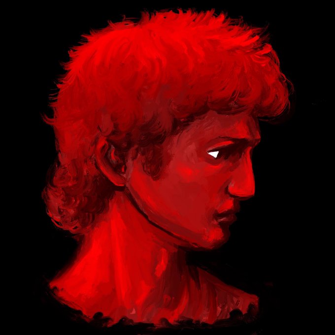 A painted profile portrait of a figure rendered entirely in red tones against a black background, with a glowing white eye.