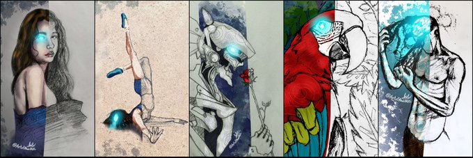 A series of five painted or illustrated portraits featuring stylized figures with glowing blue eyes, including a woman, a person doing a handstand in sand, a futuristic character with headphones, a hooded red figure, and a rough sketch of a person.