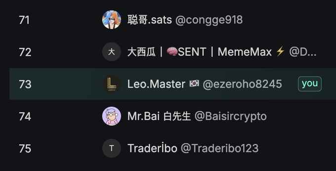 A screenshot of a leaderboard list featuring usernames including "聪哥.sats @congge918", "大西瓜 🧠SENT | MemeMax ⚡", "Leo.Master 🇰🇷 @zeroho8245", "Mr.Bai 白先生 @Baisircrypto", and "Traderibo @Traderibo123", with the 73rd entry highlighted as "you".