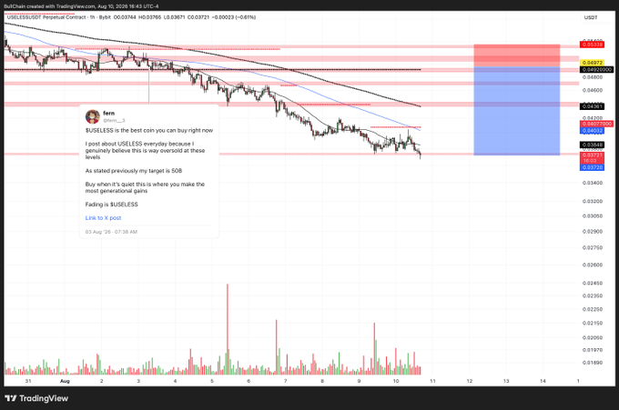 A TradingView chart of USELESS/USDT on Bybit shows the perpetual contract price dropping to around $0.03760, with a highlighted trade box displaying a recent long entry amid extreme volatility, illustrating how someone recommended buying "the best coin" right before a sharp decline. This visualizes the post's point about fading (shorting) the "USELESS" coin to gain roughly 25% without leverage.