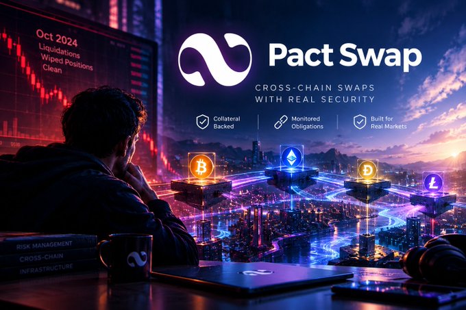 A promotional graphic for 'Pact Swap' advertising 'CROSS-CHAIN SWAPS WITH REAL SECURITY,' showing a person looking at financial data on a monitor alongside floating crypto logos (BTC, ETH, DAI, LTC) over a futuristic cityscape.