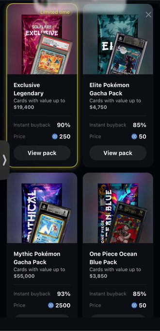 A screenshot from a card game app showing a 'Limited time' store menu with four packs: Exclusive Legendary ($250, 90% buyback), Elite Pokémon Gacha Pack ($50, 85% buyback), Mythic Pokémon Gacha Pack ($2500, 93% buyback), and One Piece Ocean Blue Pack ($50, 85% buyback).