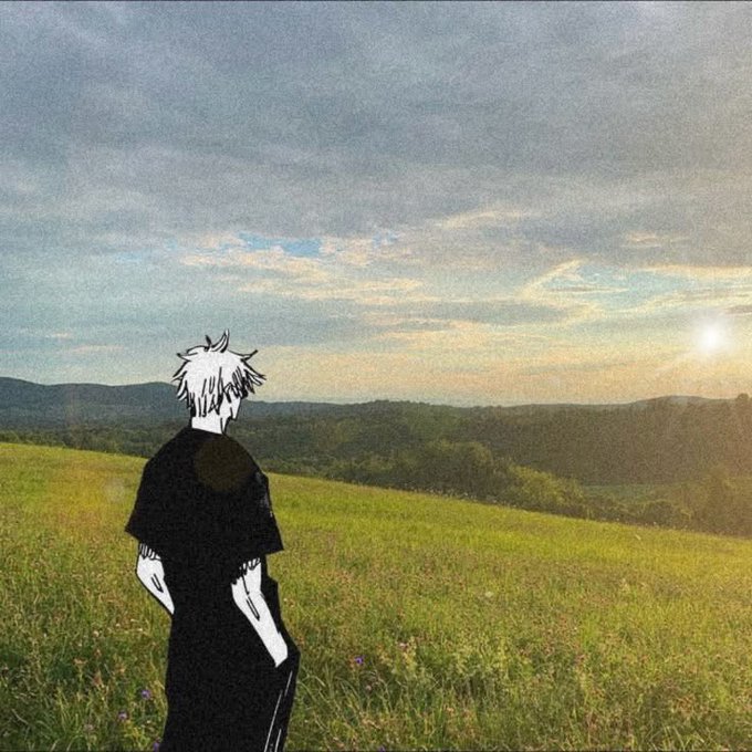 An anime-style illustration of a white-haired character in black clothing standing in a green field at sunset, looking toward distant hills.