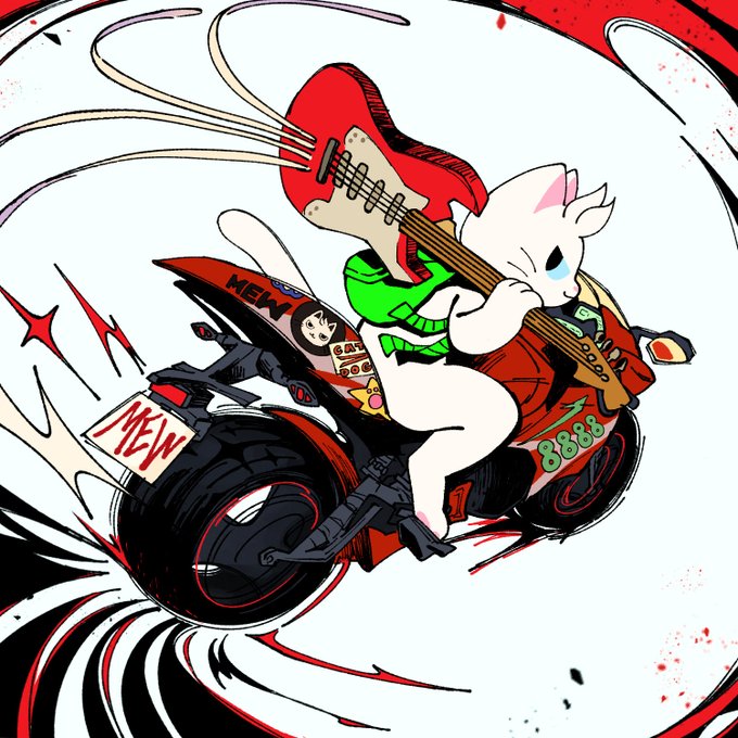 A cartoon white cat rides a red-and-black motorcycle while playing a red electric guitar, surrounded by dynamic speed lines. Visible text includes “888,” a “MEW” sticker, and the post’s reference to “Solana” being “85x faster” frames the image as a joke about outperforming Solana.