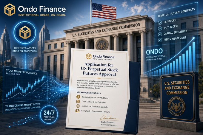 A promotional graphic for 'Ondo Finance' featuring the U.S. Securities and Exchange Commission building, an American flag, and text highlighting 'Application for US Perpetual Stock Futures Approval' and 'TOKENIZED ASSETS, ONDO ON BLOCKCHAIN'.