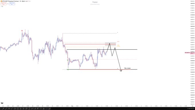 A TradingView chart of BTCUSDT perpetual contracts showing price consolidation between approximately $63,400 and $65,200, with annotated liquidity zones and an arrow labeled "Tp/Lows" pointing to a target near the recent lows, illustrating a potential ranging or bearish scenario into the NY open.
