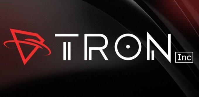 A logo display features a red triangular emblem with orbital rings alongside the white text "TRON Inc" on a dark background.