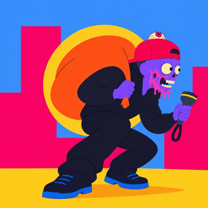 A vibrant cartoon illustration of a purple-skinned zombie character wearing a red backwards cap and dark clothes, holding a microphone and a bloody orange cloth, with a large pink letter "L" in the background.