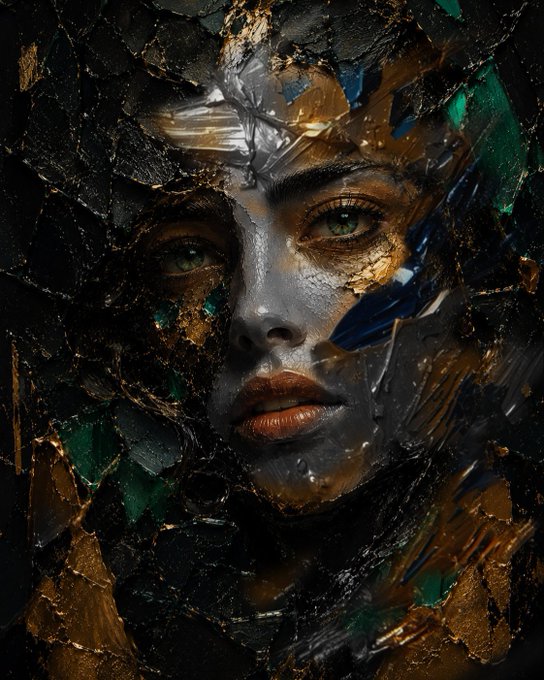 A digitally rendered artistic portrait of a woman's face emerging from a textured, cracked surface of gold, teal, and dark colors, with striking green eyes and copper-toned lips.