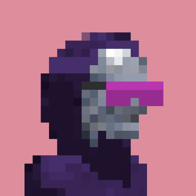 A pixel art rendering of a hooded figure in deep purple and blue tones, with a bright magenta visor or faceplate, set against a soft pink background. The dark, cloaked silhouette complements the post asking followers to choose between two color variations of the "Argo" royal cloak set.