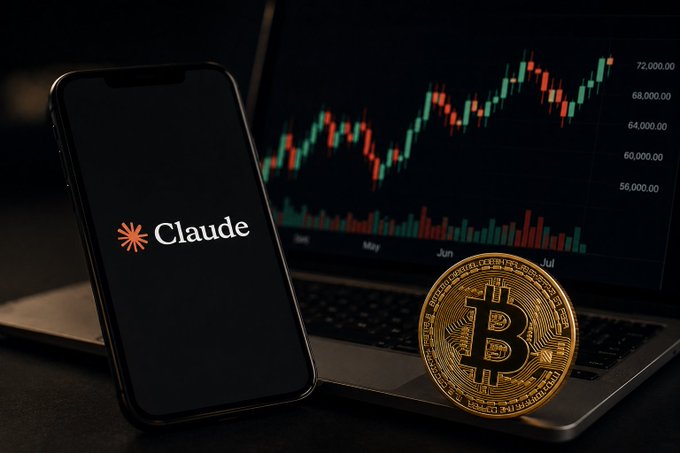 A smartphone showing the Claude AI logo sits in front of a laptop displaying a Bitcoin candlestick chart with prices ranging from $56,000 to $72,000, alongside a physical Bitcoin token—illustrating the post's recommendation to use Claude AI to evaluate BTC trading configurations.