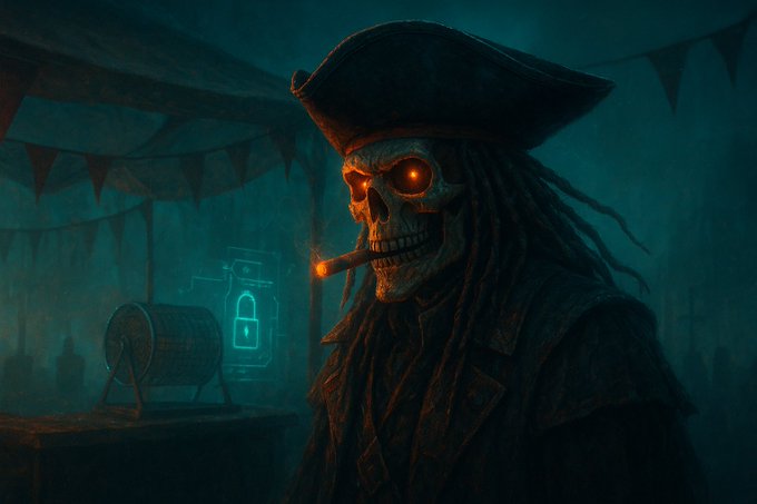 Digital art of a skeletal pirate figure with glowing eyes, a tricorn hat, and dreadlocks smoking a pipe, set in a dimly lit tavern with a barrel displaying a padlock hologram.