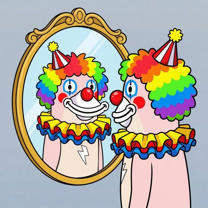 An illustration of a clown with a rainbow wig, red nose, party hat, and lightning bolt symbol looking into an oval golden mirror and touching its reflection's face.