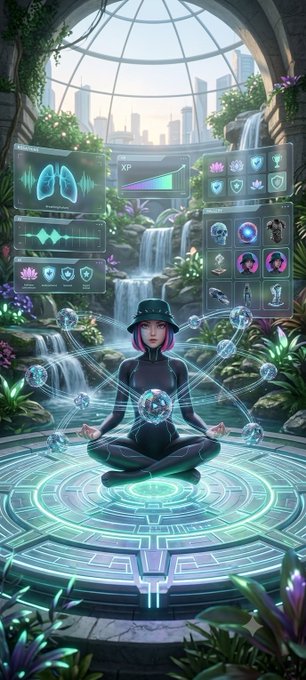 A young woman meditates in a serene zen garden with waterfalls and a futuristic city skyline, surrounded by glowing holographic interfaces displaying lung health metrics, an "XP" progress bar, and GameFi-style achievement icons that visualize personal wellness growth as a leveling-up journey. The image captures the post's theme of blending Web3, mindfulness, and gamified health tracking to transform self-care into an engaging progression system.