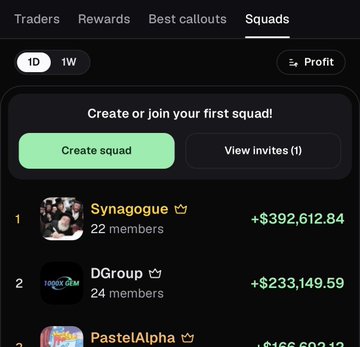 The image shows a "Squads" leaderboard ranking the top trading groups, with "Synagogue" at #1 boasting 22 members and a profit of +$392,612.84, followed by "DGroup" (#2, 24 members, +$233,149.59) and "PastelAlpha" in third. This directly relates to the user's question about joining the #1-ranked "Synagogue" squad, which leads the leaderboard by a significant profit margin over its competitors.