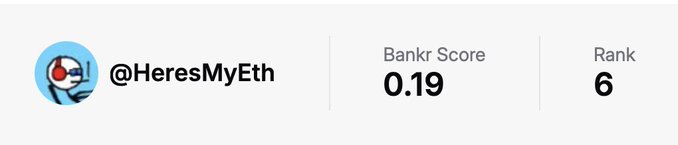 A profile card for Twitter user "@HeresMyEth" displays a Bankr Score of 0.19 and a Rank of 6, illustrating the user's standing on the Bankr bot leaderboard.
