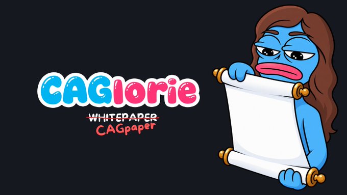 A logo features a blue cartoon character with brown hair holding a scroll, with text reading "CAGlorie WHITEPAPER CAGpaper" on a dark background.