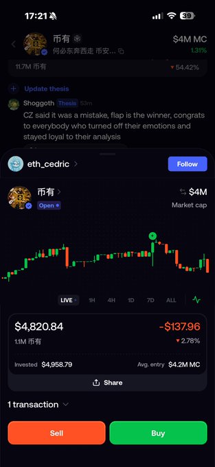 A smartphone screenshot of a crypto trading app displays the $币有 (MarsCoin) trading page showing a price of $4,820.84 with a $4M market cap, alongside a "Buy" button. The accompanying post confirms a recent purchase of 4 $MarsCoin tokens by @eth_cedric, aligning with the visible "Buy" interface and positive 2.78% price movement shown on the chart.