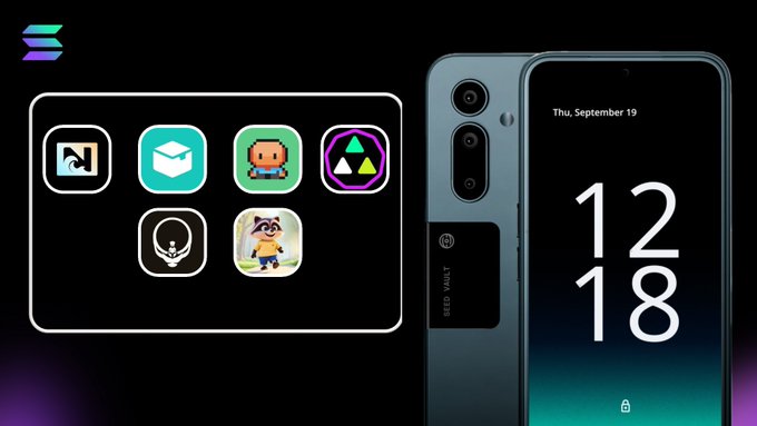 A Solana-branded graphic showing a smartphone (displaying "Thu, September 19" and "12:18") alongside app icons including a pixel art character, geometric shapes, and other symbols.