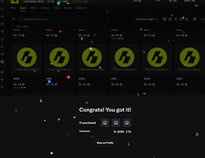 A celebratory "Congrats! You got it!" screen shows 17 NFT purchases from the ROOTINKO0D CHAIN mint totaling 0.0203 ETH, with confetti falling over a dark grid of "Content not available yet" item cards displaying prices ranging from $3.70 to $5.64. The image visually confirms the successful reveal after minting, displaying transaction confirmation against the backdrop of the NFT marketplace interface.