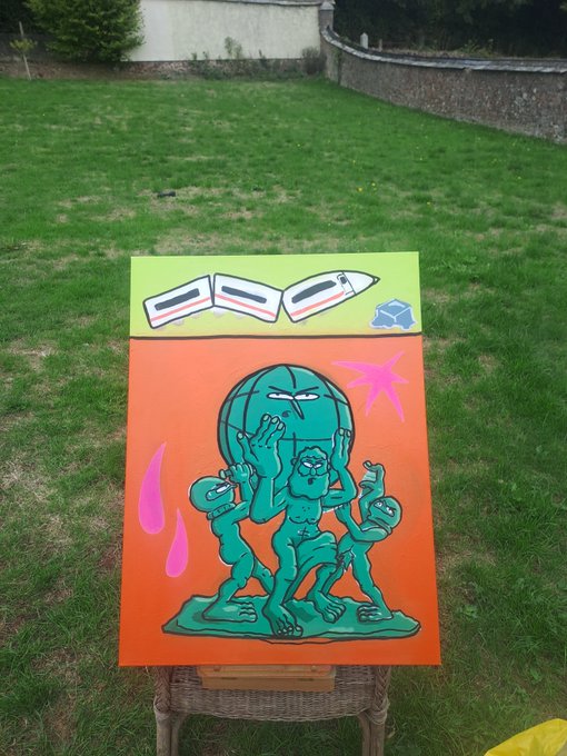 A vibrant painting on an easel outdoors depicting teal humanoid figures surrounding a large angry green globe, with a bullet train and crystals illustrated on a lime green border above.