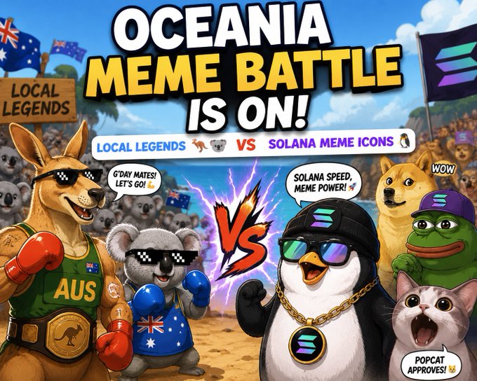 An AI-generated promotional graphic titled 'OCEANIA MEME BATTLE IS ON!' featuring local legends (a kangaroo wearing 'AUS' gear and a koala) versus Solana meme icons (including a penguin with a Solana logo, Doge, Pepe, and Popcat) on either side of a 'VS' logo.