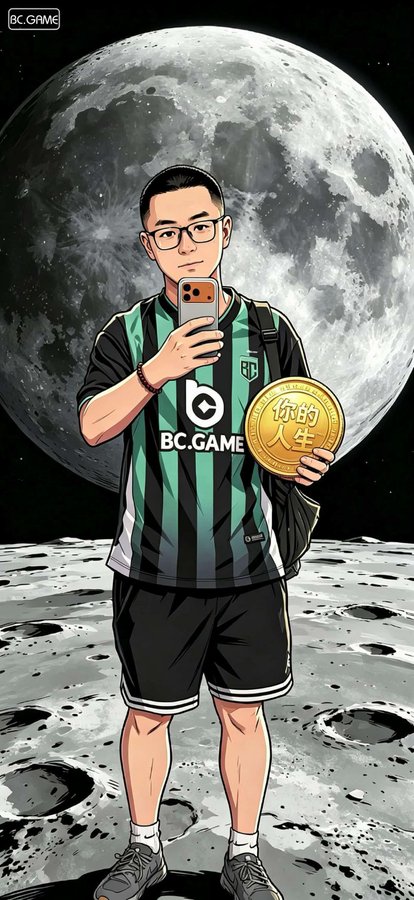 A digital illustration of a man wearing glasses and a BC.GAME jersey taking a selfie on the moon while holding a gold coin with Chinese characters '你的人生' (Your Life), with the Earth visible in the background.
