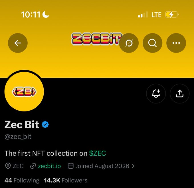 A screenshot of the verified X/Twitter profile for "Zec Bit" (@zec_bit), displayed on a yellow header with their pixel-art "ZB" logo, describing themselves as "The first NFT collection on $ZEC" with a link to zecbit.io and 14.3K followers. The profile aligns with the announcement of launching the first NFT collection on Zcash (ZEC), featuring pixel artwork by @z1vex housed within Zcash's shielded pool for private ownership.