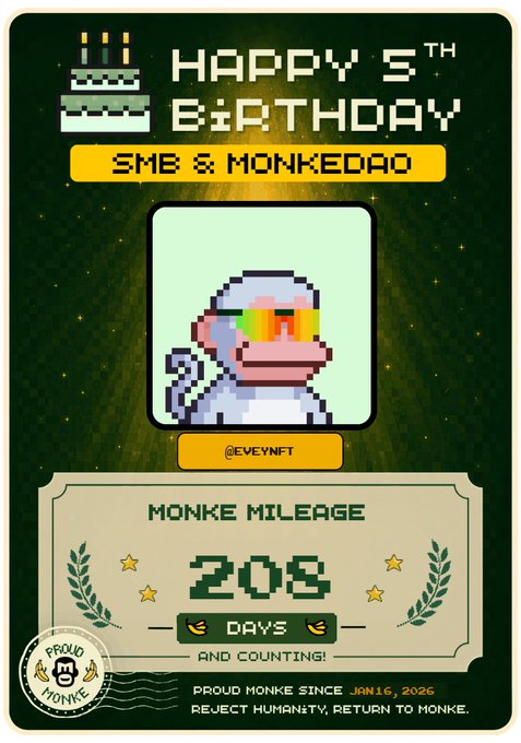 A digital 'Happy 5th Birthday' postcard celebrating SMB & Monkedao, featuring a pixel art monkey with rainbow glasses, marking 208 days and counting since January 16, 2026.
