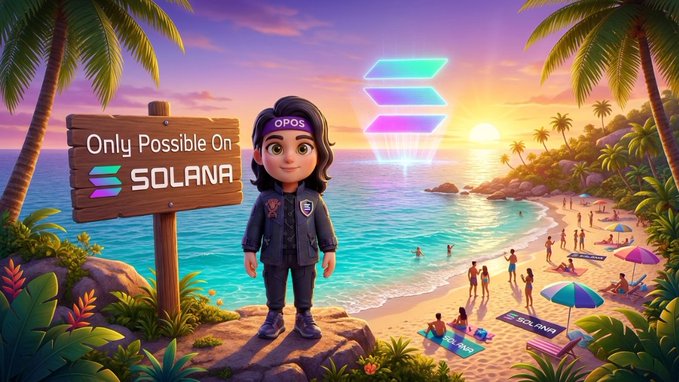 A 3D animated-style illustration of a girl wearing an 'OPOS' cap standing on a tropical beach with a wooden sign reading 'Only Possible On SOLANA' and the Solana logo in the background sky.