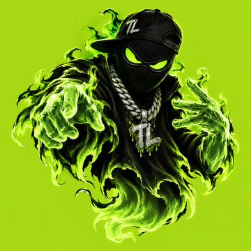 A stylized digital illustration of a mysterious figure wearing a black cap with "TZ" lettering, a black mask with glowing green eyes, and a silver "TZ" chain, surrounded by swirling green flames.