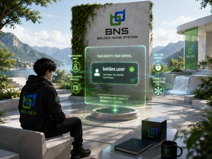 A person wearing a Beldex-branded hoodie sits in a scenic outdoor setting, viewing a holographic BNS (Beldex Name System) interface displaying 'beldex.user' with the tagline 'YOUR IDENTITY. YOUR CONTROL.' and features like human-readable names and decentralized identity.