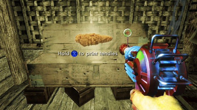 A first-person view from a video game showing a red and blue mechanical tool/weapon pointed at a wooden crate, with text 'Hold X to print rendies' displayed on screen.