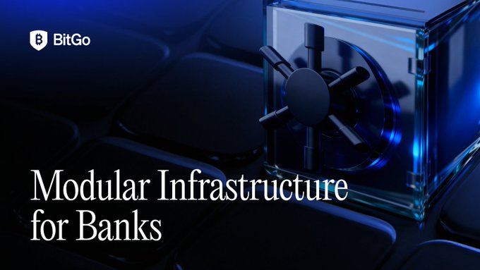 The image is a BitGo promotional graphic titled "Modular Infrastructure for Banks," featuring a transparent safe with a combination dial on a dark blue surface, visually reinforcing the post's message about flexible, secure digital asset solutions that banks can adopt at their own pace.