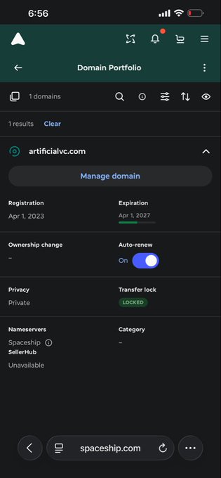 A mobile screenshot showing the Spaceship domain portfolio management page for "digital", with auto-renew on and transfer lock enabled, expiring April 2027.