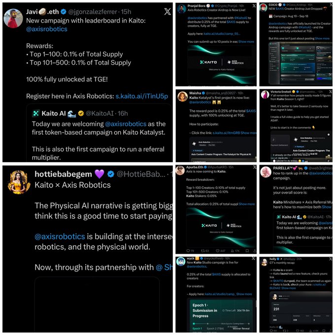 A collage of multiple X (Twitter) posts discussing a new token-based campaign for 'Axis Robotics' on the Kaito Katalyst platform, highlighting reward structures and partnerships.