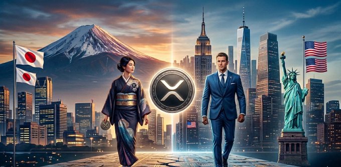 A woman in a kimono holding a Japanese flag and a man in a blue suit stand before the XRP logo, flanked by Mt. Fuji and Tokyo's skyline on one side and the Statue of Liberty with the New York City skyline and American flag on the other, symbolizing the global competition between Japan and the US for XRP dominance.