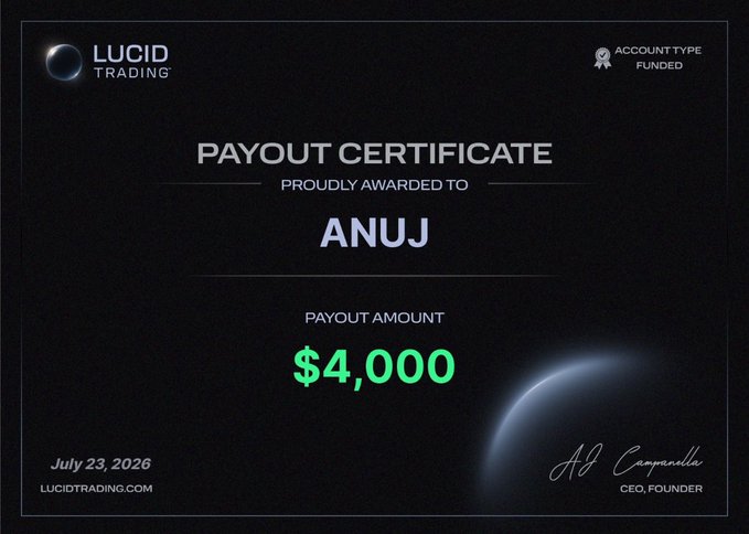 A payout certificate from Lucid Trading (LUCIDTRADING.COM) awarded to "ANUJ" for a $4,000 payout on July 23, 2026, signed by CEO/Founder AJ Campanelle. The image visually confirms the post's celebration of securing a $4,000 payout from the firm, marking a milestone toward the user's $21,000 total earnings.