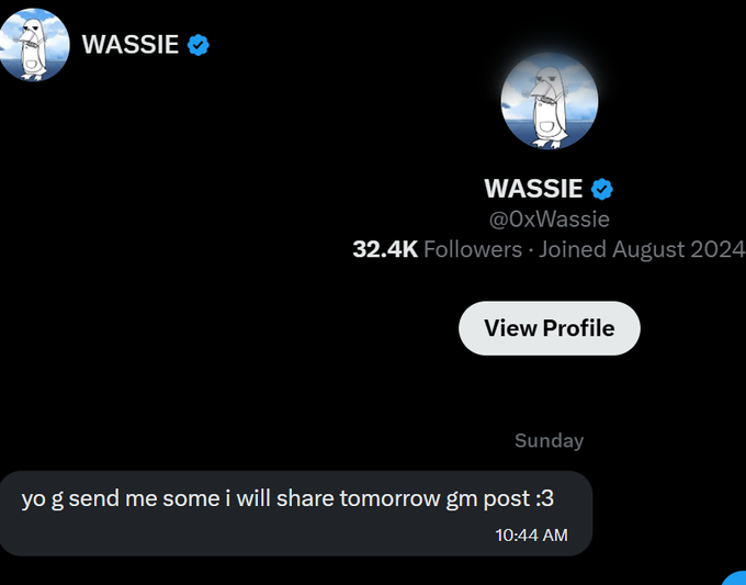 The image shows a verified X (Twitter) account "WASSIE" (@0xWassie) with 32.4K followers, displaying a direct message at 10:44 AM on Sunday that reads "yo g send me some i will share tomorrow gm post :3." The message appears to be a request from this KOL account asking for tokens ("some") in exchange for promoting a post, which directly relates to and supports the accompanying post's warning not to trust CT "KOLs."